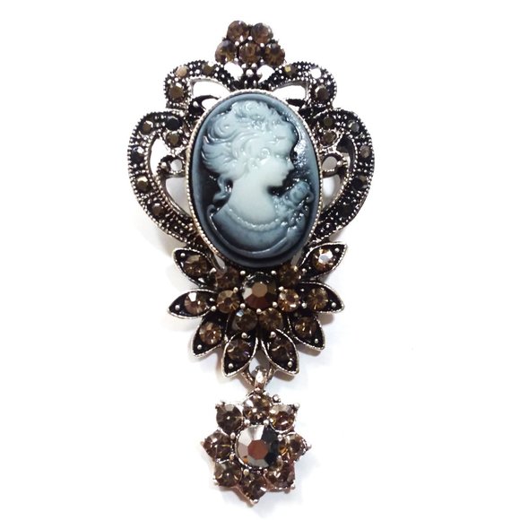 Cameo Brooch Jewelry - Cameo Brooch Vintage Style Rhinestone Pin Dangle Antique Silver Hollywood Glam